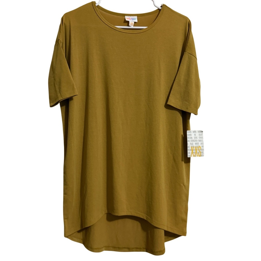 LuLaRoe Irma Tunic Top Womens XXS Mustard Yellow Short‎ Sleeve High Low NWT